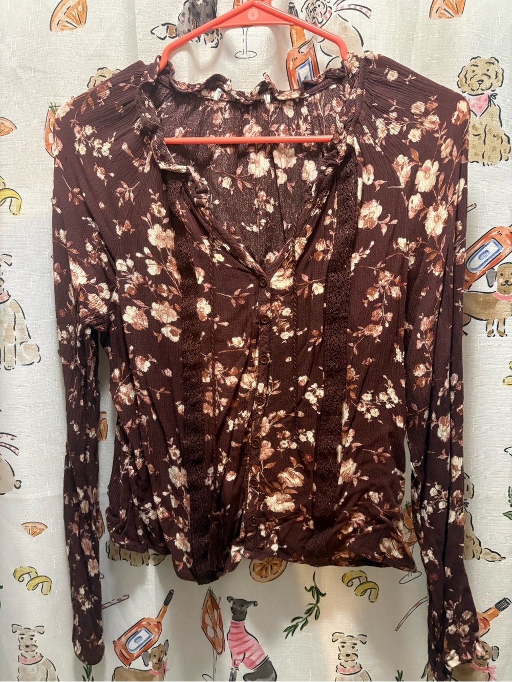Floral Ruffle-Trim Long Sleeve Top - Brown - Picture 4 of 6